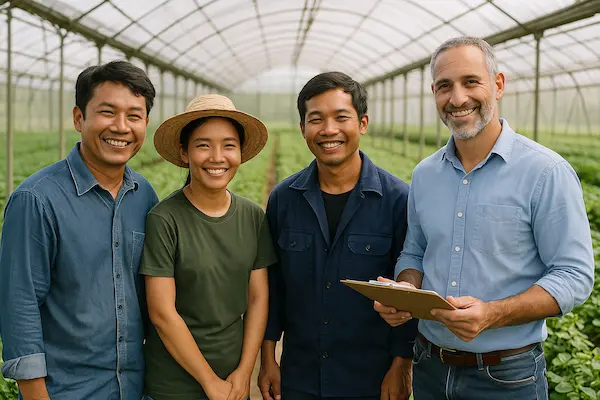 Thai workers smiling in a greenhouse alongside Israeli supervisor