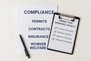 Compliance dossier with permits, contracts, and checklist for hiring Thai workers legally