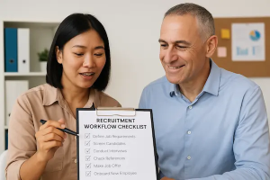 Thai and Israeli managers reviewing a recruitment workflow checklist
