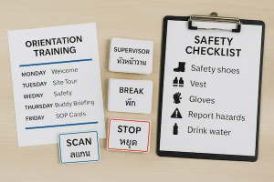 Orientation pack on a table with bilingual cards, safety checklist, and training schedule prepared for new Thai workers in Israel.