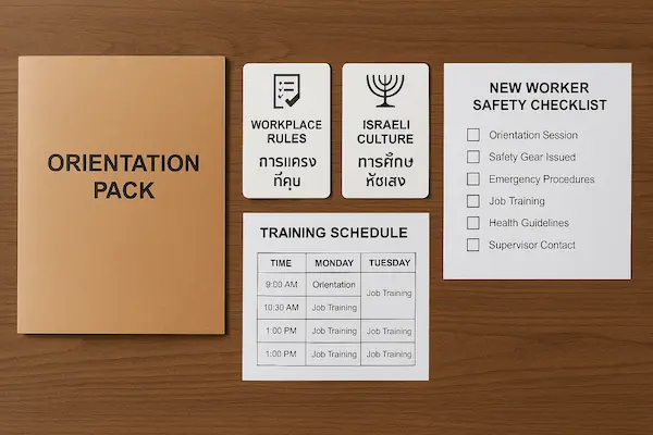 Bilingual pre-departure briefing sheet with icons for schedule, clothing, and safety rules